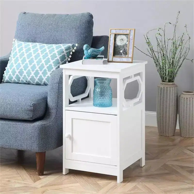 Belmont End Table with Cabinet and Open Shelf Storage, Stylish Octagon Design, Compact MDF Side Table for Living Room or Bedroom