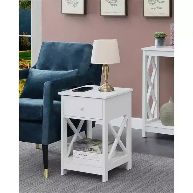 Belmont 1 Drawer End Table with Clean Lined Design, Two Tier Shelves and Pull Out Drawer, Compact Accent Table for Living Room
