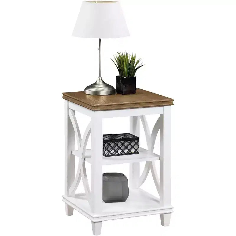 End Table with Shelves Italian Inspired X-Side Design Two-Tier Storage Solid Rubberwood with Oak Veneer Accent Table