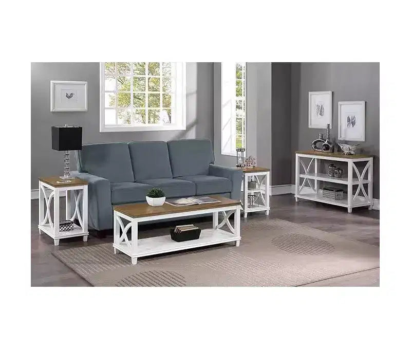 End Table with Shelves Italian Inspired X-Side Design Two-Tier Storage Solid Rubberwood with Oak Veneer Accent Table