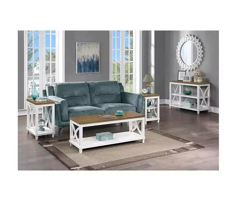 End Table with Shelves Italian Inspired X-Side Design Two-Tier Storage Solid Rubberwood with Oak Veneer Accent Table
