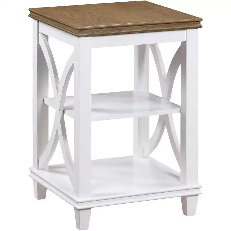 End Table with Shelves Italian Inspired X-Side Design Two-Tier Storage Solid Rubberwood with Oak Veneer Accent Table