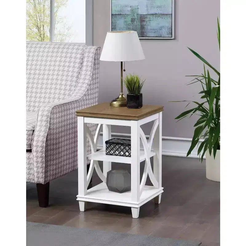 End Table with Shelves Italian Inspired X-Side Design Two-Tier Storage Solid Rubberwood with Oak Veneer Accent Table