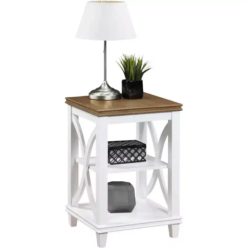 End Table with Shelves Italian Inspired X-Side Design Two-Tier Storage Solid Rubberwood with Oak Veneer Accent Table