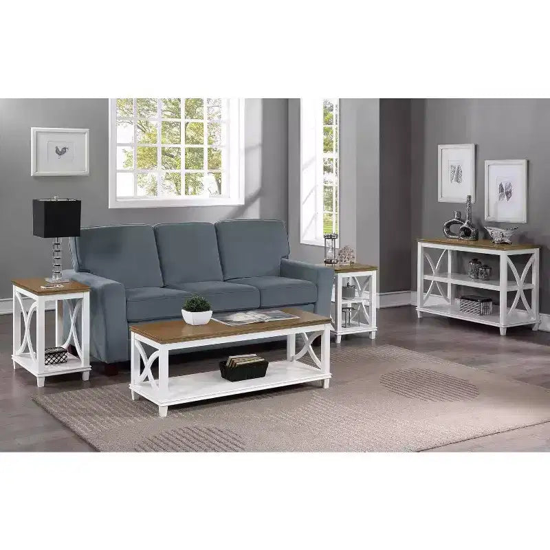 End Table with Shelves Italian Inspired X-Side Design Two-Tier Storage Solid Rubberwood with Oak Veneer Accent Table