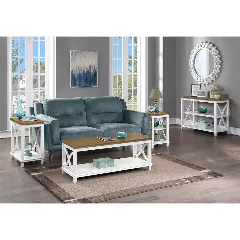 End Table with Shelves Italian Inspired X-Side Design Two-Tier Storage Solid Rubberwood with Oak Veneer Accent Table