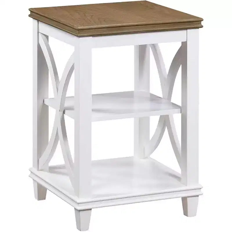 End Table with Shelves Italian Inspired X-Side Design Two-Tier Storage Solid Rubberwood with Oak Veneer Accent Table