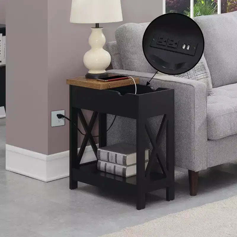 Belmont Flip Top End Table with Charging Station and Shelf, Two Tone Finish, Modern Chairside Table with Hidden Storage and Display