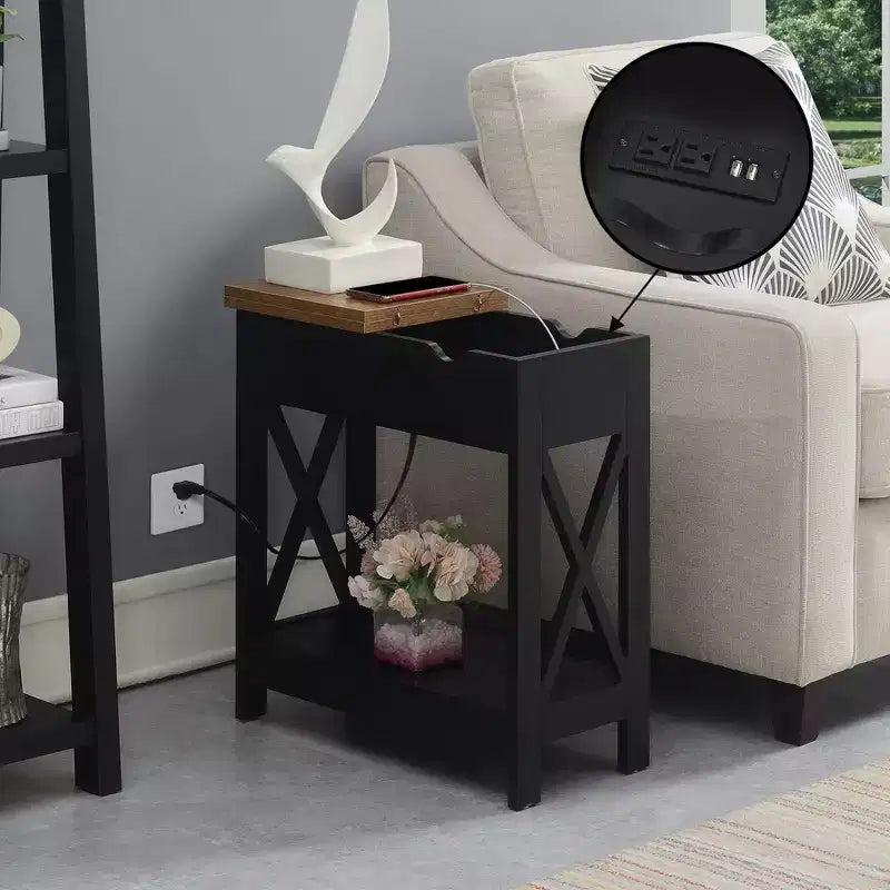 Belmont Flip Top End Table with Charging Station and Shelf, Two Tone Finish, Modern Chairside Table with Hidden Storage and Display