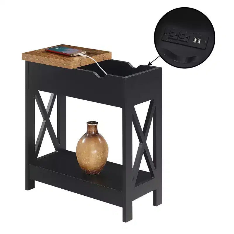 Belmont Flip Top End Table with Charging Station and Shelf, Two Tone Finish, Modern Chairside Table with Hidden Storage and Display