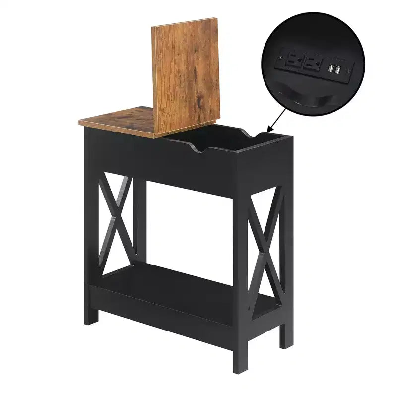 Belmont Flip Top End Table with Charging Station and Shelf, Two Tone Finish, Modern Chairside Table with Hidden Storage and Display