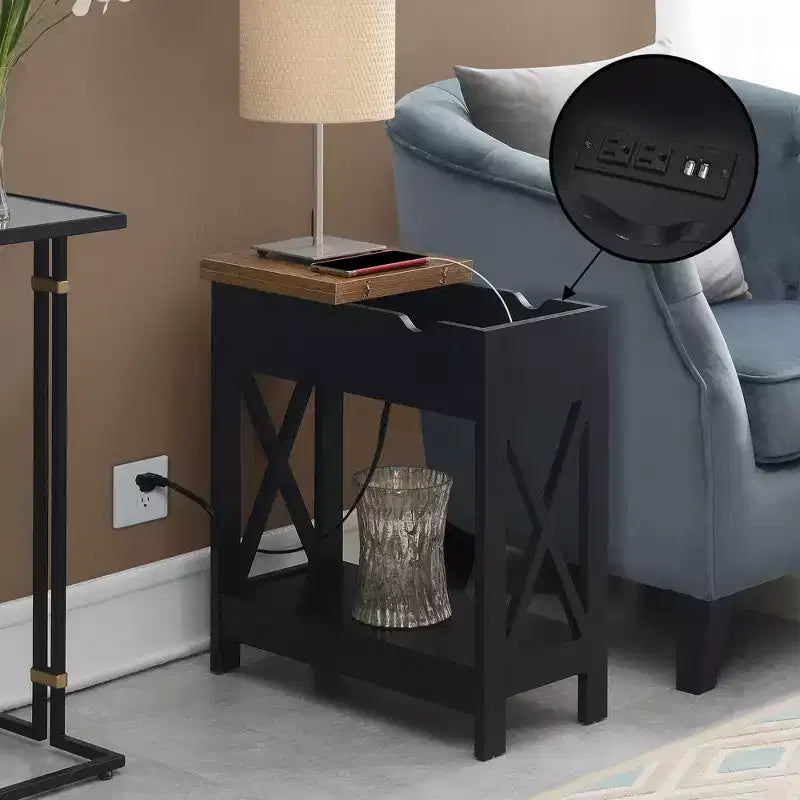 Belmont Flip Top End Table with Charging Station and Shelf, Two Tone Finish, Modern Chairside Table with Hidden Storage and Display