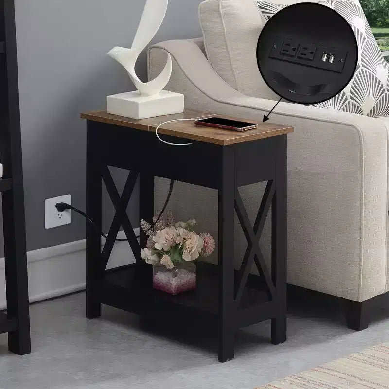 Belmont Flip Top End Table with Charging Station and Shelf, Two Tone Finish, Modern Chairside Table with Hidden Storage and Display