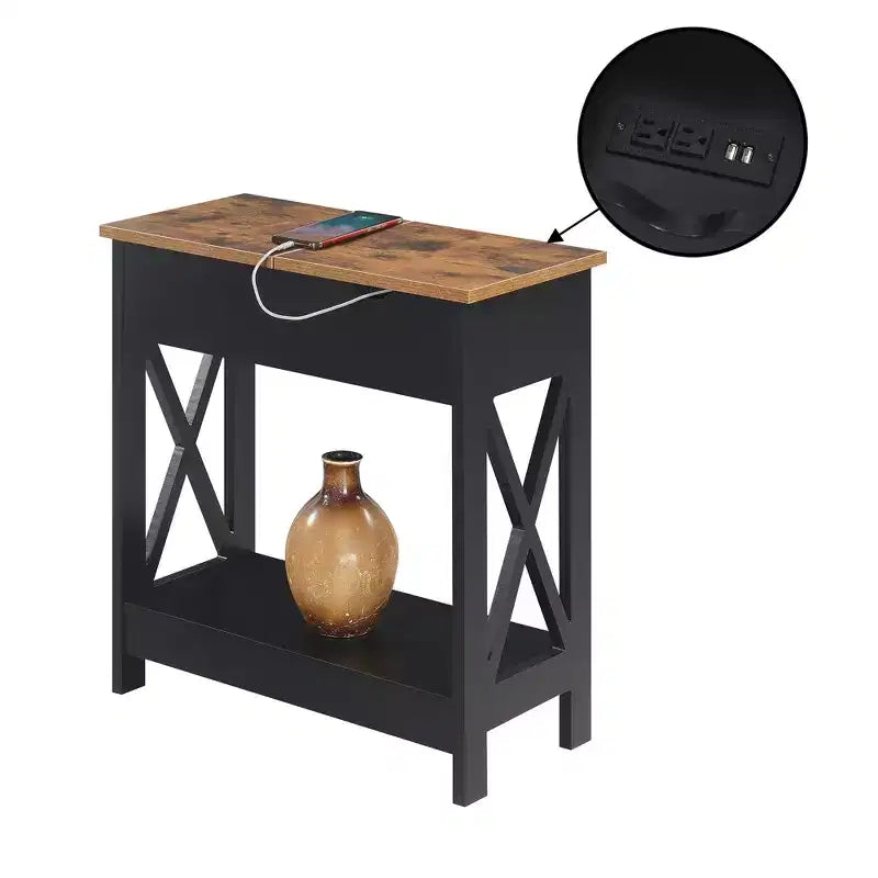 Belmont Flip Top End Table with Charging Station and Shelf, Two Tone Finish, Modern Chairside Table with Hidden Storage and Display