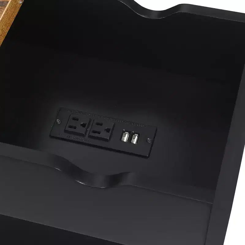 Belmont Flip Top End Table with Charging Station and Shelf, Two Tone Finish, Modern Chairside Table with Hidden Storage and Display