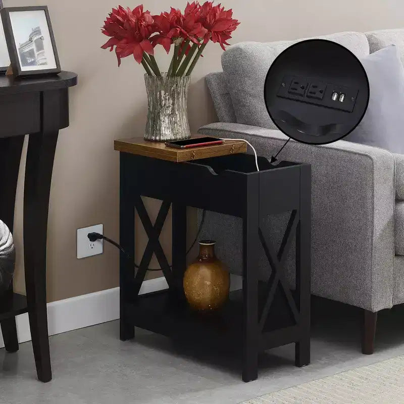 Belmont Flip Top End Table with Charging Station and Shelf, Two Tone Finish, Modern Chairside Table with Hidden Storage and Display