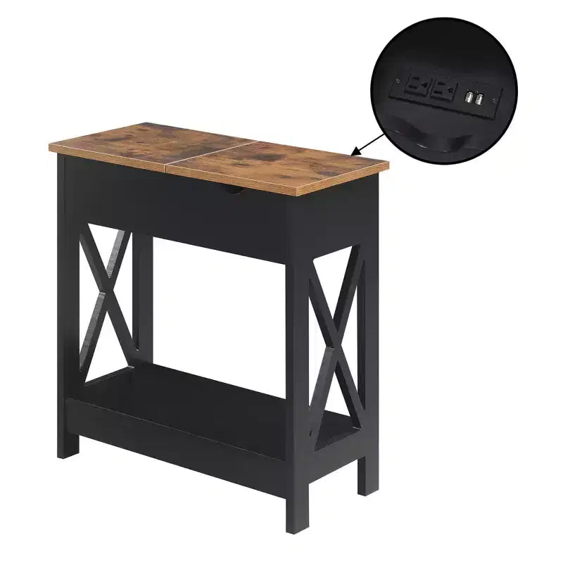 Belmont Flip Top End Table with Charging Station and Shelf, Two Tone Finish, Modern Chairside Table with Hidden Storage and Display