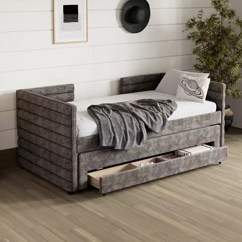 Twin Size Upholstered Daybed with Trundle and Storage Drawers