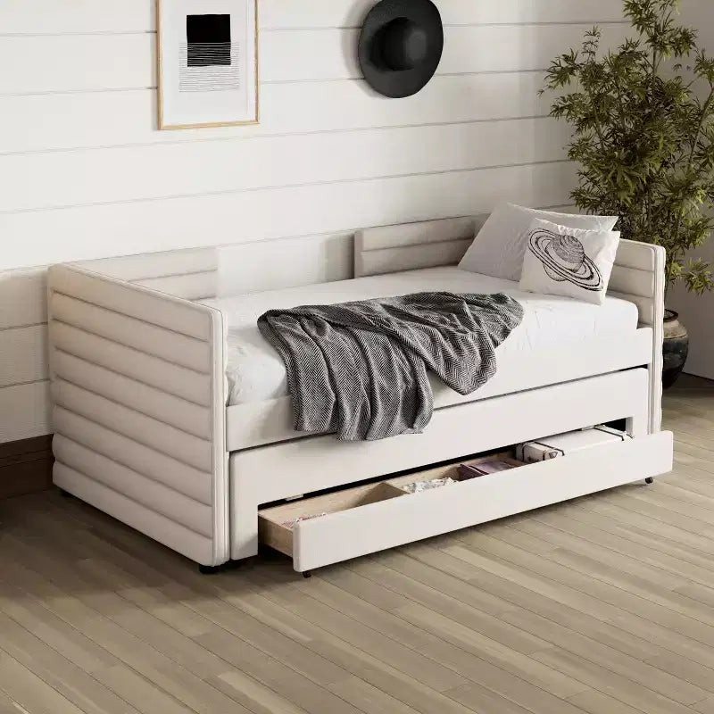 Twin Size Upholstered Daybed with Trundle and Storage Drawers