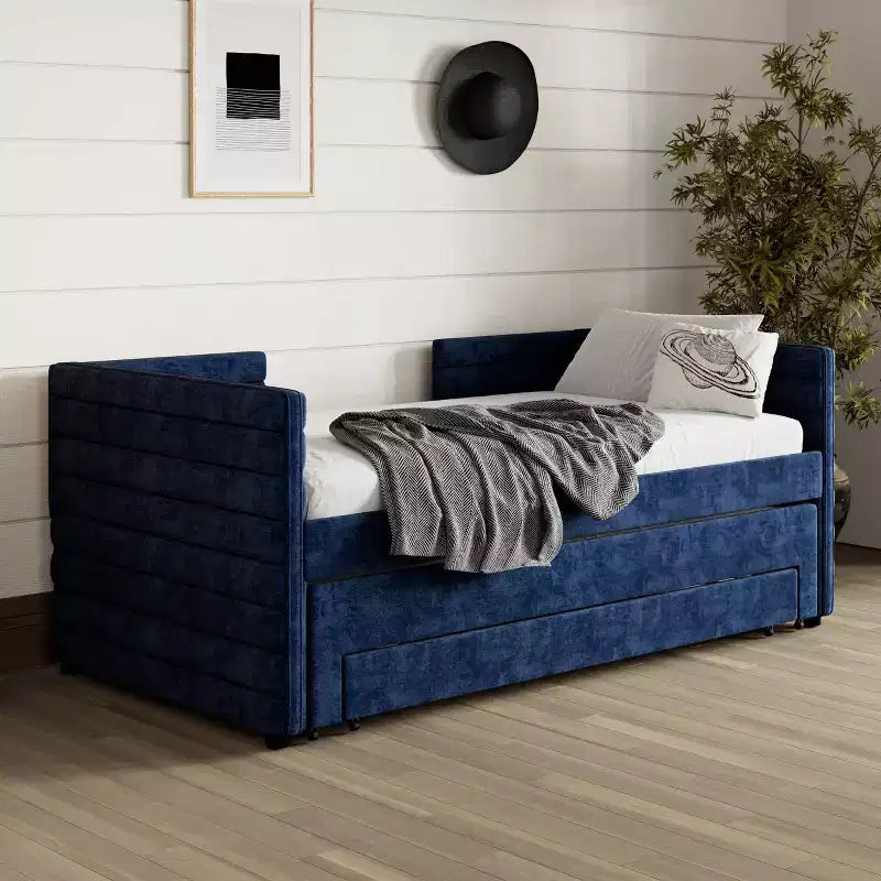 Twin Size Upholstered Daybed with Trundle and Storage Drawers