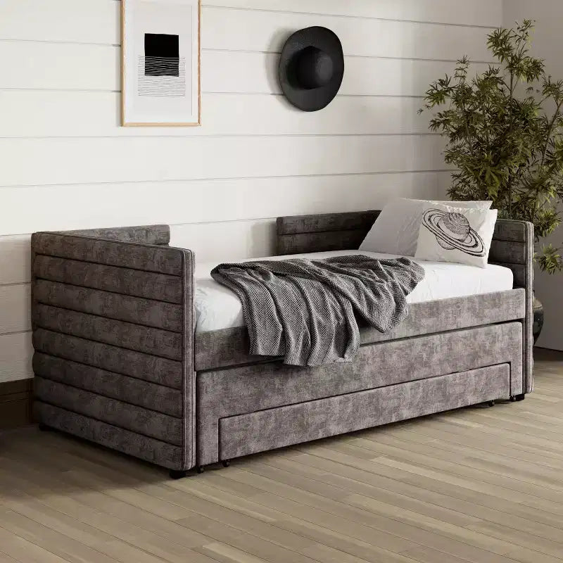 Twin Size Upholstered Daybed with Trundle and Storage Drawers