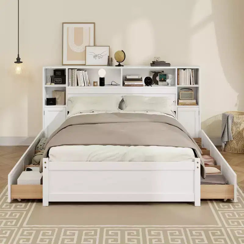 Lucas Twin Size Wooden Storage Bed with Tall Bookcase Headboard and Drawers
