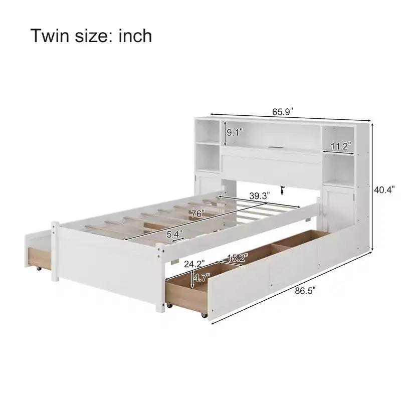 Lucas Twin Size Wooden Storage Bed with Tall Bookcase Headboard and Drawers
