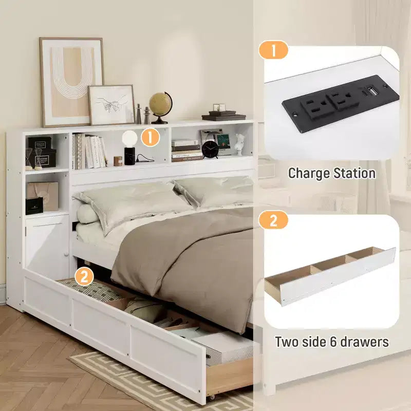 Lucas Twin Size Wooden Storage Bed with Tall Bookcase Headboard and Drawers