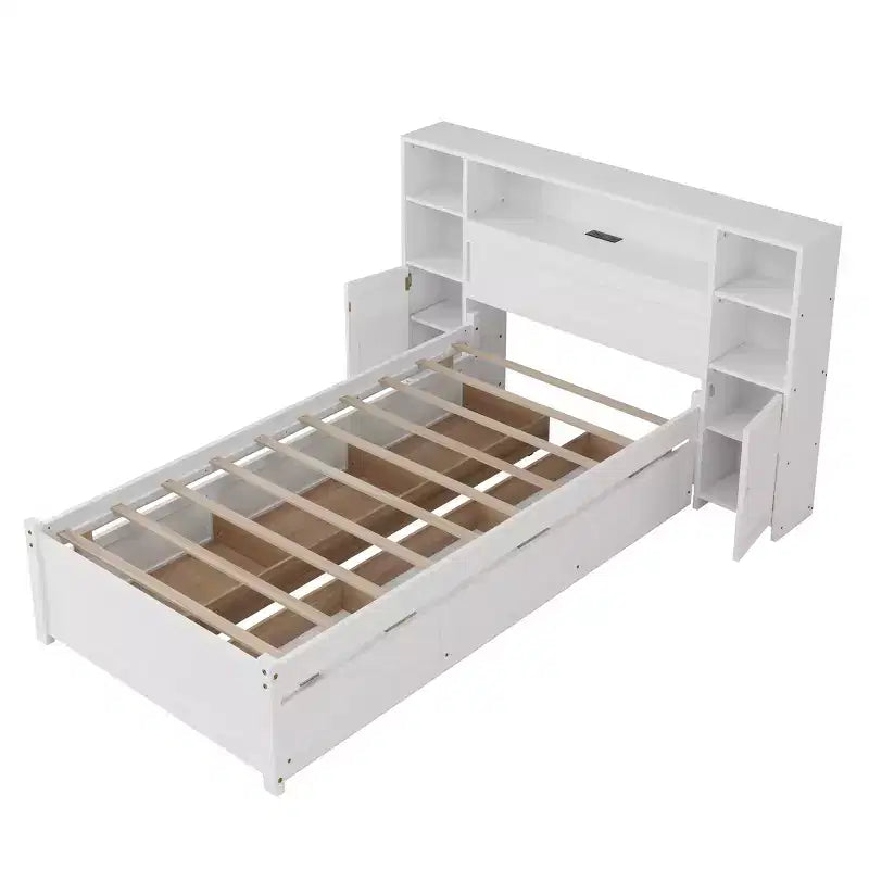 Lucas Twin Size Wooden Storage Bed with Tall Bookcase Headboard and Drawers