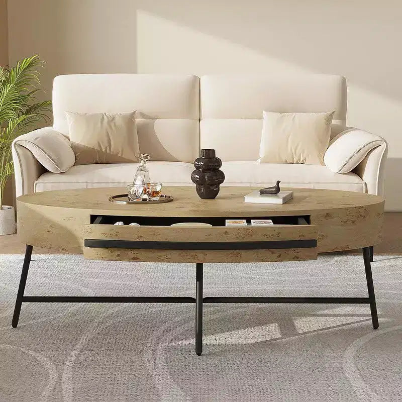 Oval Coffee Table with Drawer, 47.2 Mid-Century Modern Wooden Center Table with Storage