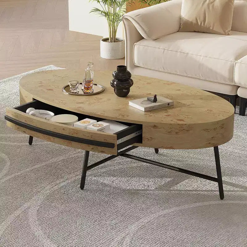 Oval Coffee Table with Drawer, 47.2 Mid-Century Modern Wooden Center Table with Storage