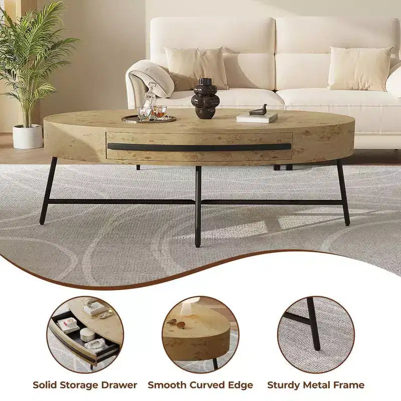 Oval Coffee Table with Drawer, 47.2 Mid-Century Modern Wooden Center Table with Storage