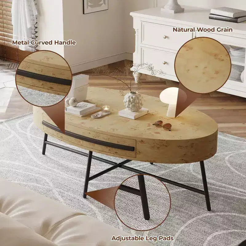 Oval Coffee Table with Drawer, 47.2 Mid-Century Modern Wooden Center Table with Storage