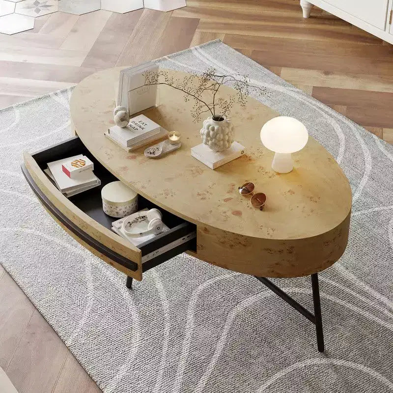 Oval Coffee Table with Drawer, 47.2 Mid-Century Modern Wooden Center Table with Storage