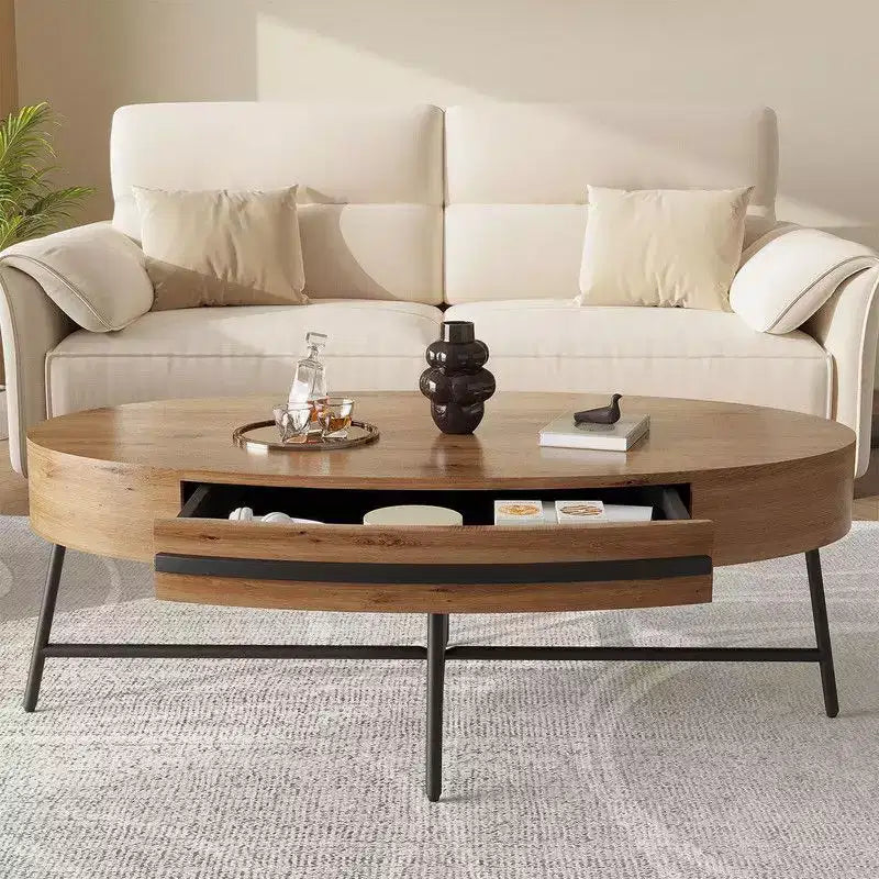 Oval Coffee Table with Drawer, 47.2 Mid-Century Modern Wooden Center Table with Storage