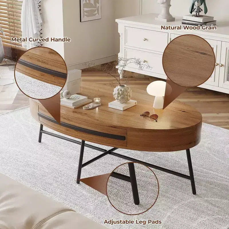 Oval Coffee Table with Drawer, 47.2 Mid-Century Modern Wooden Center Table with Storage