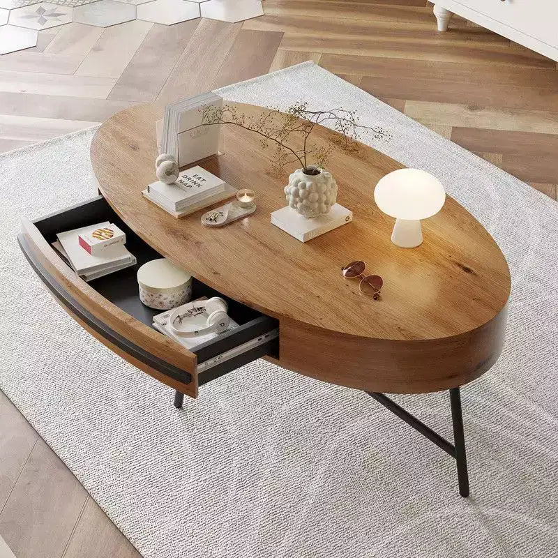 Oval Coffee Table with Drawer, 47.2 Mid-Century Modern Wooden Center Table with Storage
