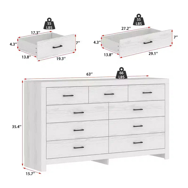 Rustic 9 - Drawer Chest Dresser Organizer Compartments Solid Build, Spacious Drawers