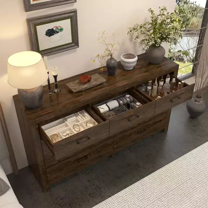 Rustic 9 - Drawer Chest Dresser Organizer Compartments Solid Build, Spacious Drawers