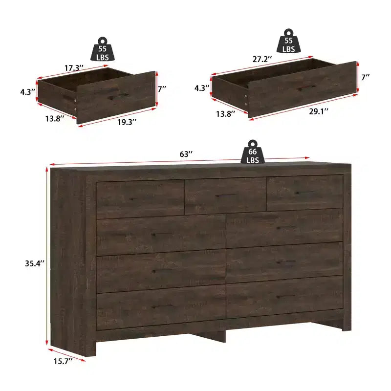 Rustic 9 - Drawer Chest Dresser Organizer Compartments Solid Build, Spacious Drawers