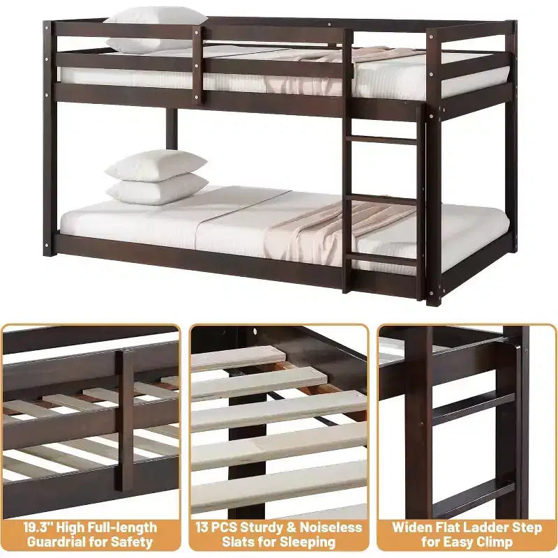 Wooden Bunk Bed Twin Over Twin, Solid Rubberwood Bed Frame with Built-in Ladder, for Small Spaces,Bedroom,Space Saving, No Box Spring Needed
