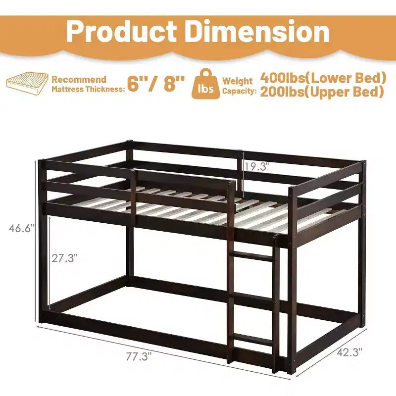 Wooden Bunk Bed Twin Over Twin, Solid Rubberwood Bed Frame with Built-in Ladder, for Small Spaces,Bedroom,Space Saving, No Box Spring Needed