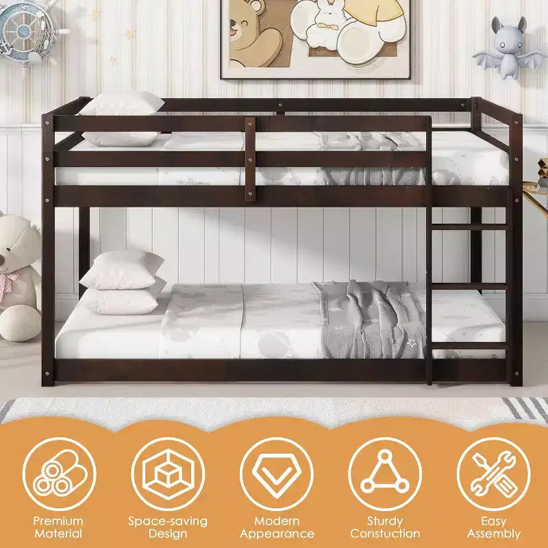 Wooden Bunk Bed Twin Over Twin, Solid Rubberwood Bed Frame with Built-in Ladder, for Small Spaces,Bedroom,Space Saving, No Box Spring Needed
