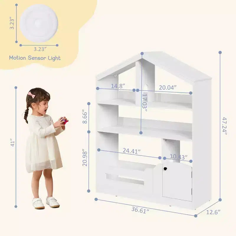 Kids Bookshelf, House-Shaped Storage Display Shelf, Wooden Toddler Bookcase w/Motion Sensor Light for Kids,Dollhouse Bookshelf for Playroom Bedroom