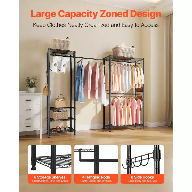 Clothing Garment Rack, Heavy Duty Clothes Rack, Freestanding Clothes Racks with Steel Frame, 800 lbs Load Capacity with Storage Shelves,Black