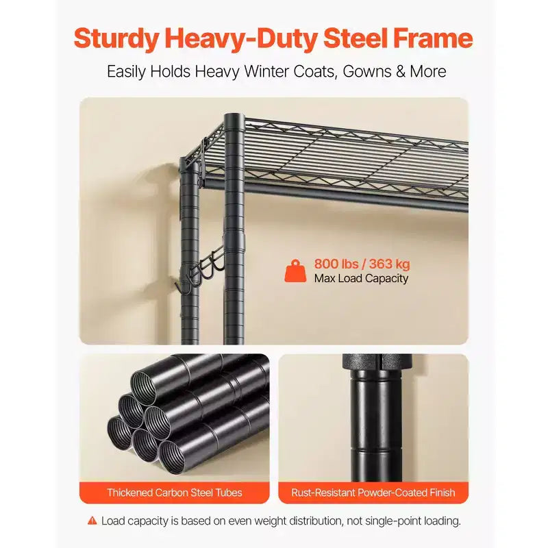 Clothing Garment Rack, Heavy Duty Clothes Rack, Freestanding Clothes Racks with Steel Frame, 800 lbs Load Capacity with Storage Shelves,Black