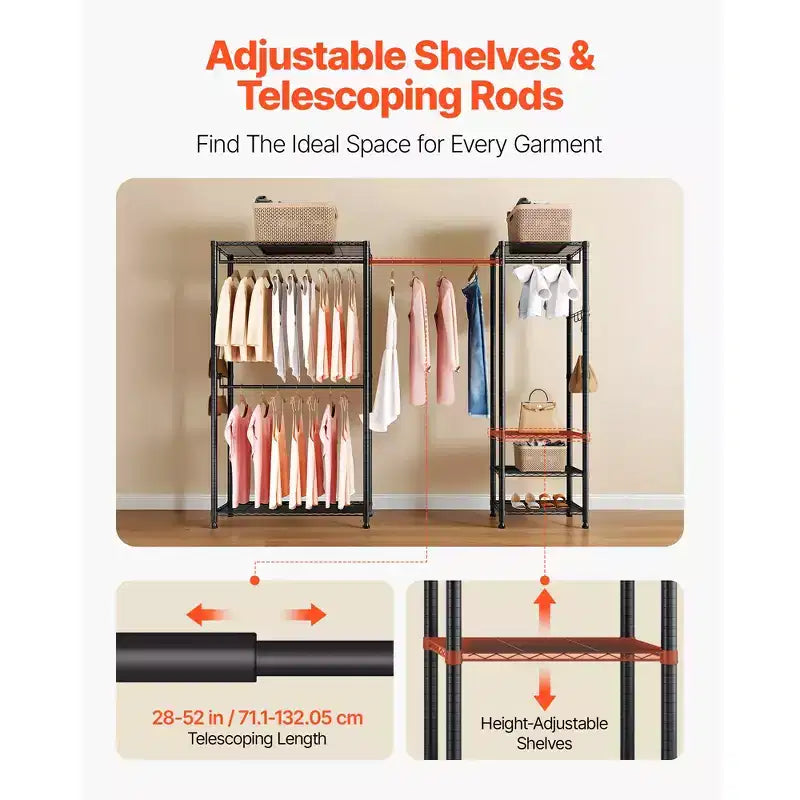 Clothing Garment Rack, Heavy Duty Clothes Rack, Freestanding Clothes Racks with Steel Frame, 800 lbs Load Capacity with Storage Shelves,Black