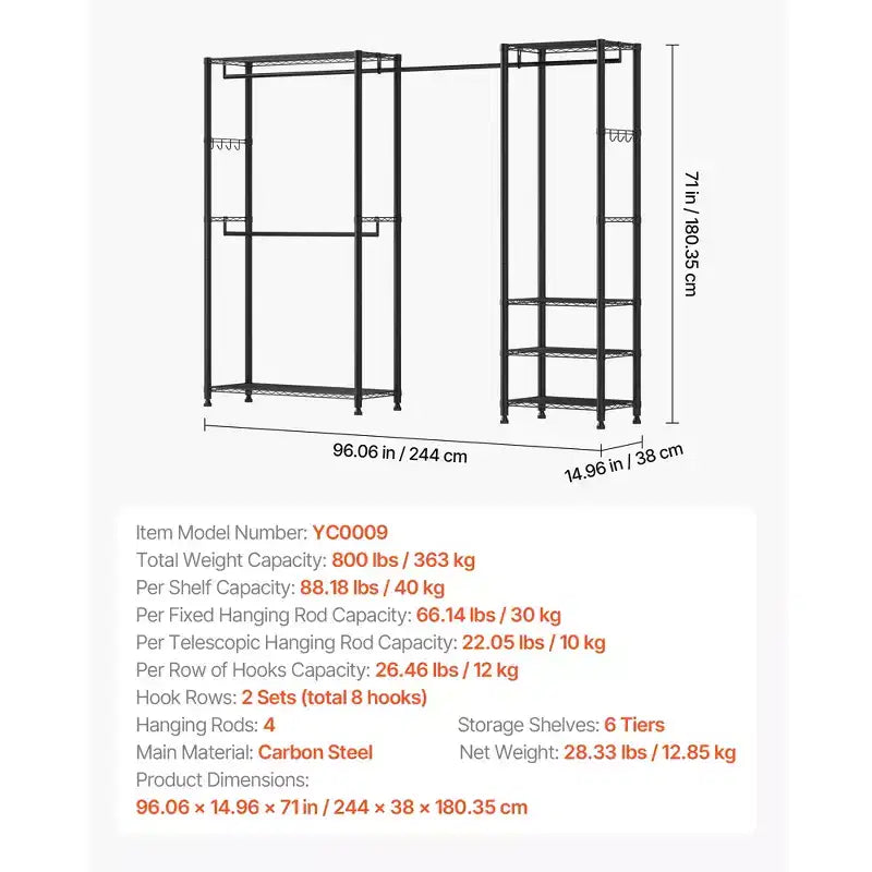 Clothing Garment Rack, Heavy Duty Clothes Rack, Freestanding Clothes Racks with Steel Frame, 800 lbs Load Capacity with Storage Shelves,Black