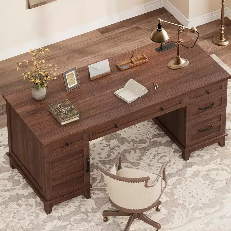 Executive Desk with File Drawers, Farmhouse Home Office Desk with Charging Station, 60 Wooden Computer Desk with Cabinet Storage for Work Study