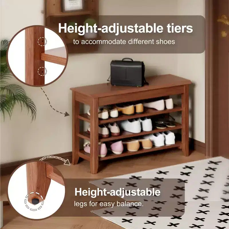 Alistair Mid-Century Modern Rubberwood Shoe Storage Bench